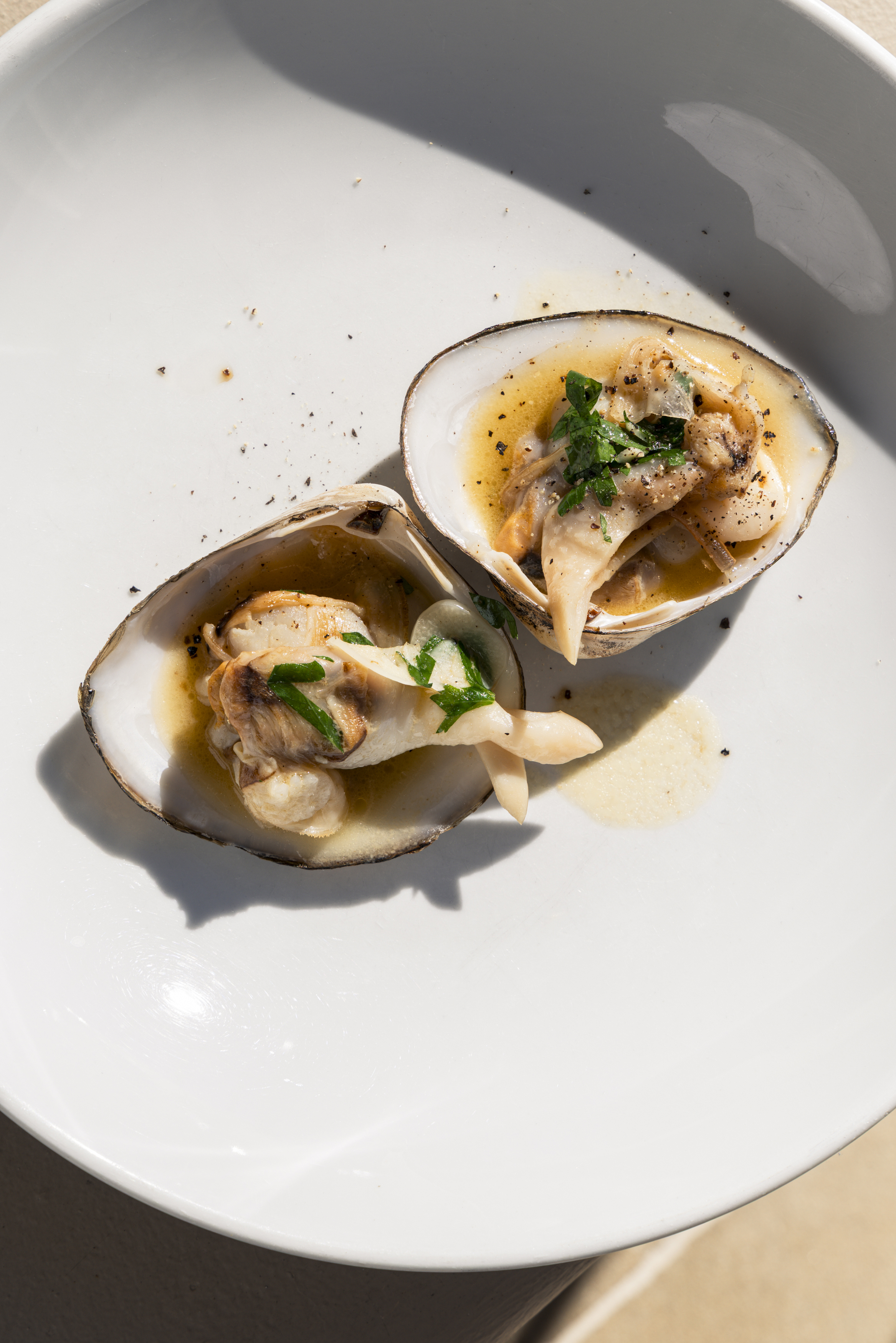 Cooked Storm Shell clams with soy and ginger dressing