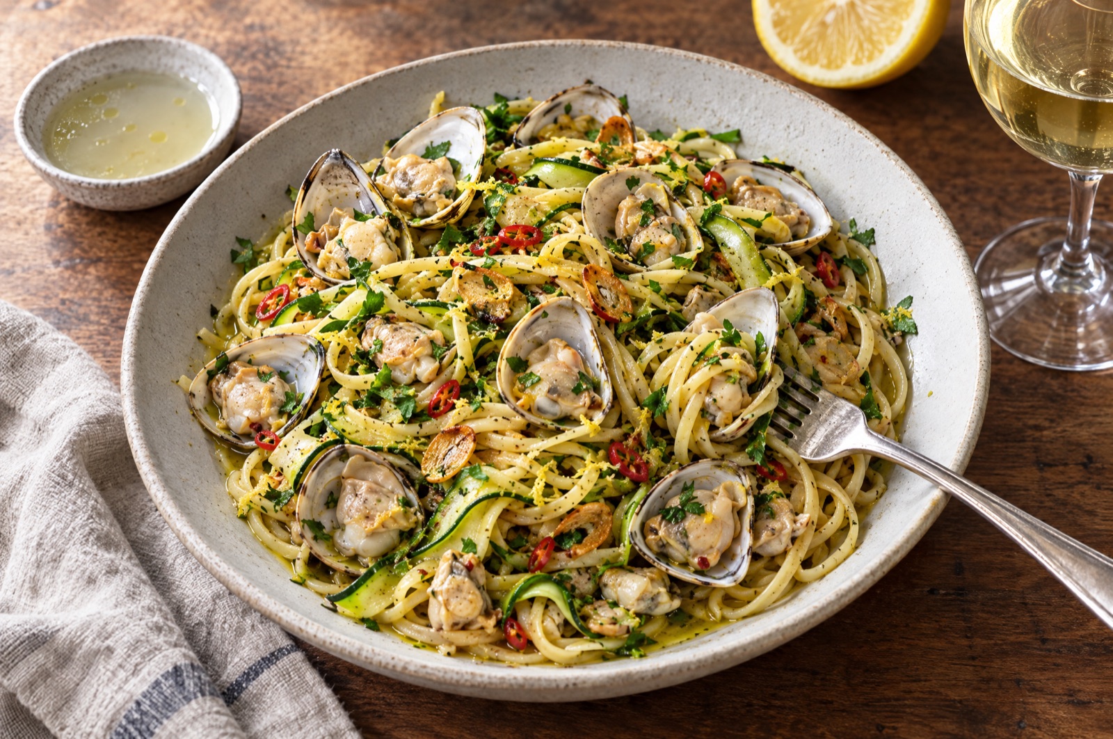Blanched Diamond Shell clams linguini with zucchini, garlic and chilli