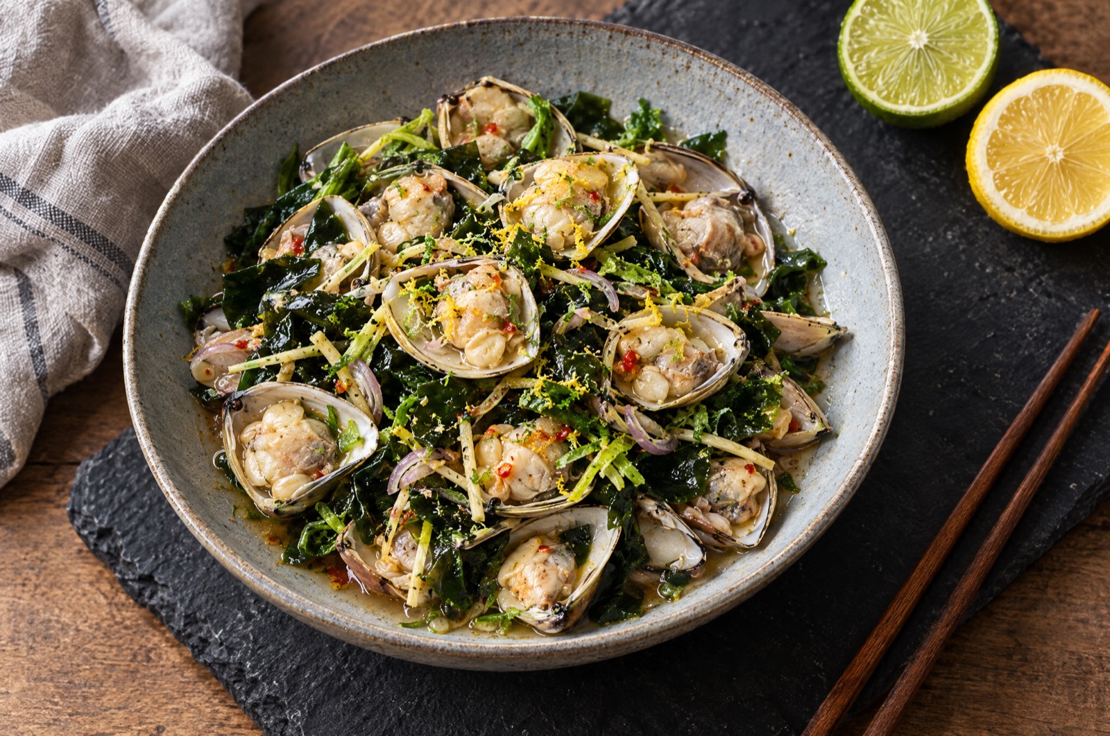 Diamond Shell clams with wakame, citrus and chilli