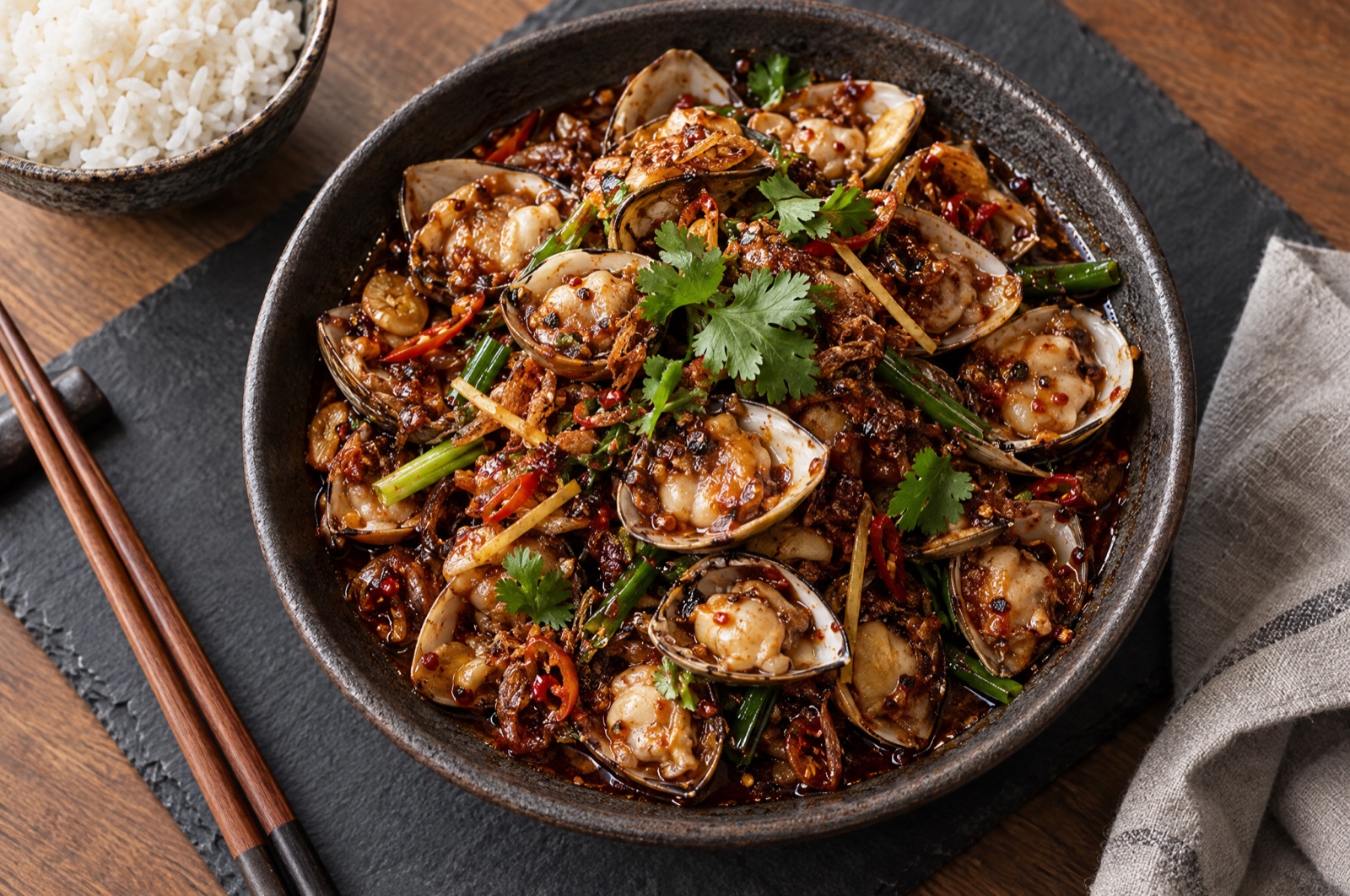Petite Diamond Shell clams in XO sauce
