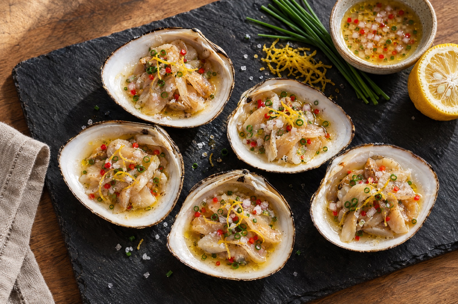 Storm Shell clam ceviche on the half shell