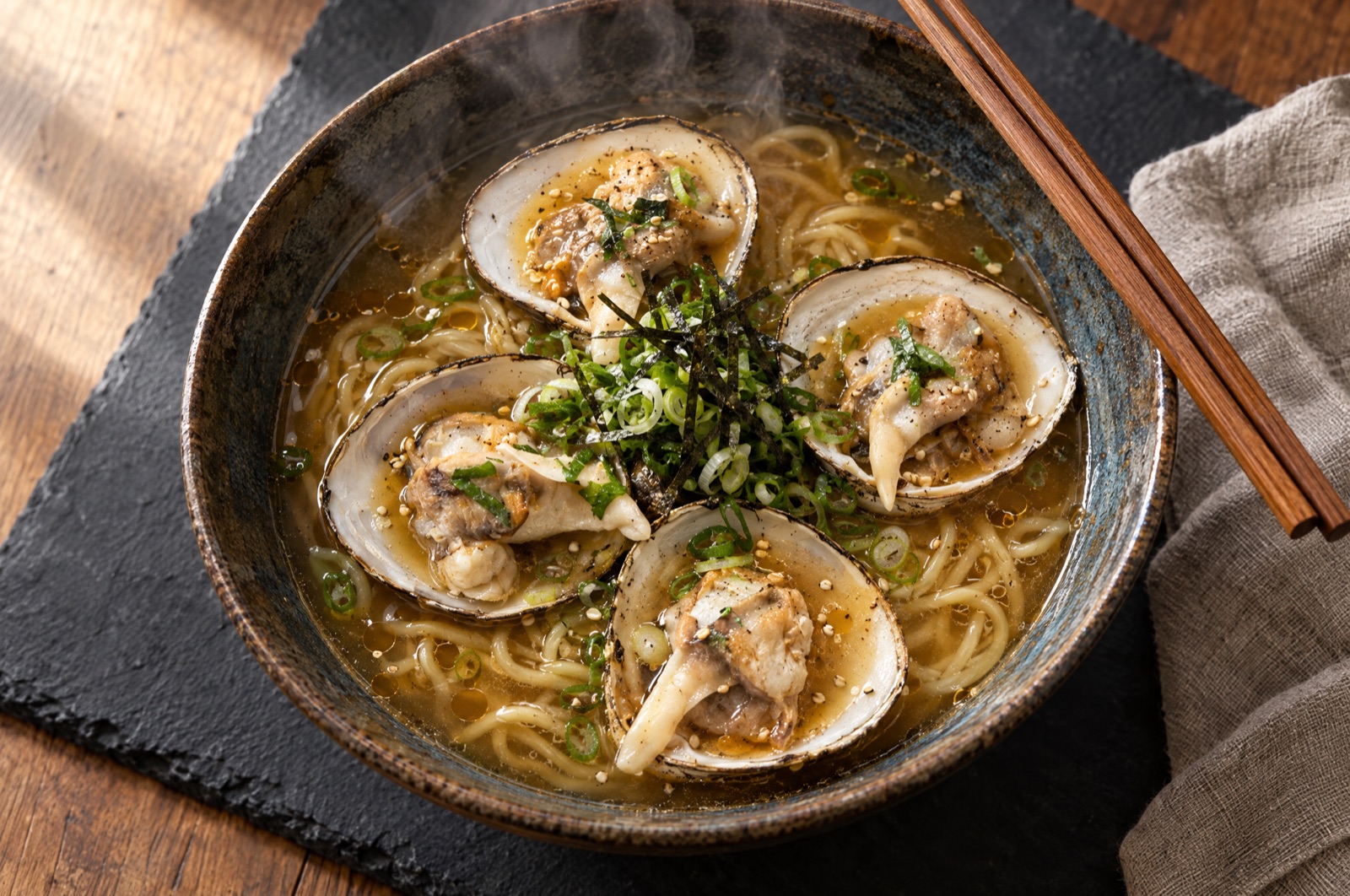 Clams in dashi miso soup with noodles