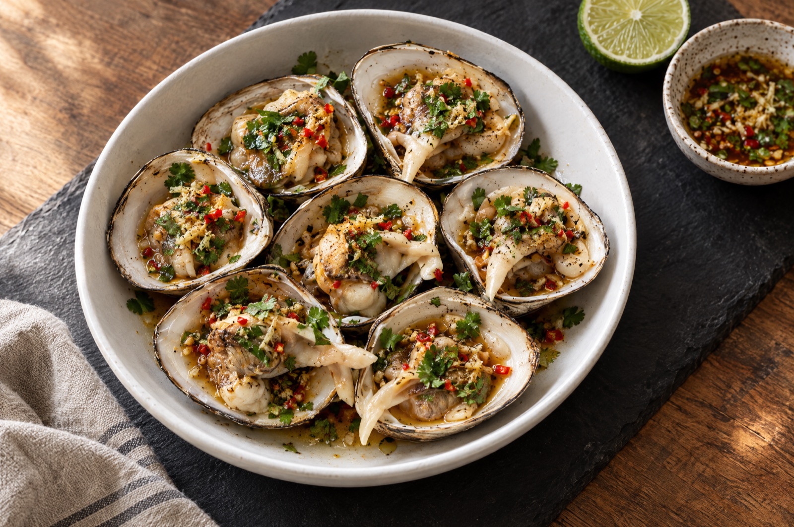 Steamed Storm Shell clams with soy and ginger dressing