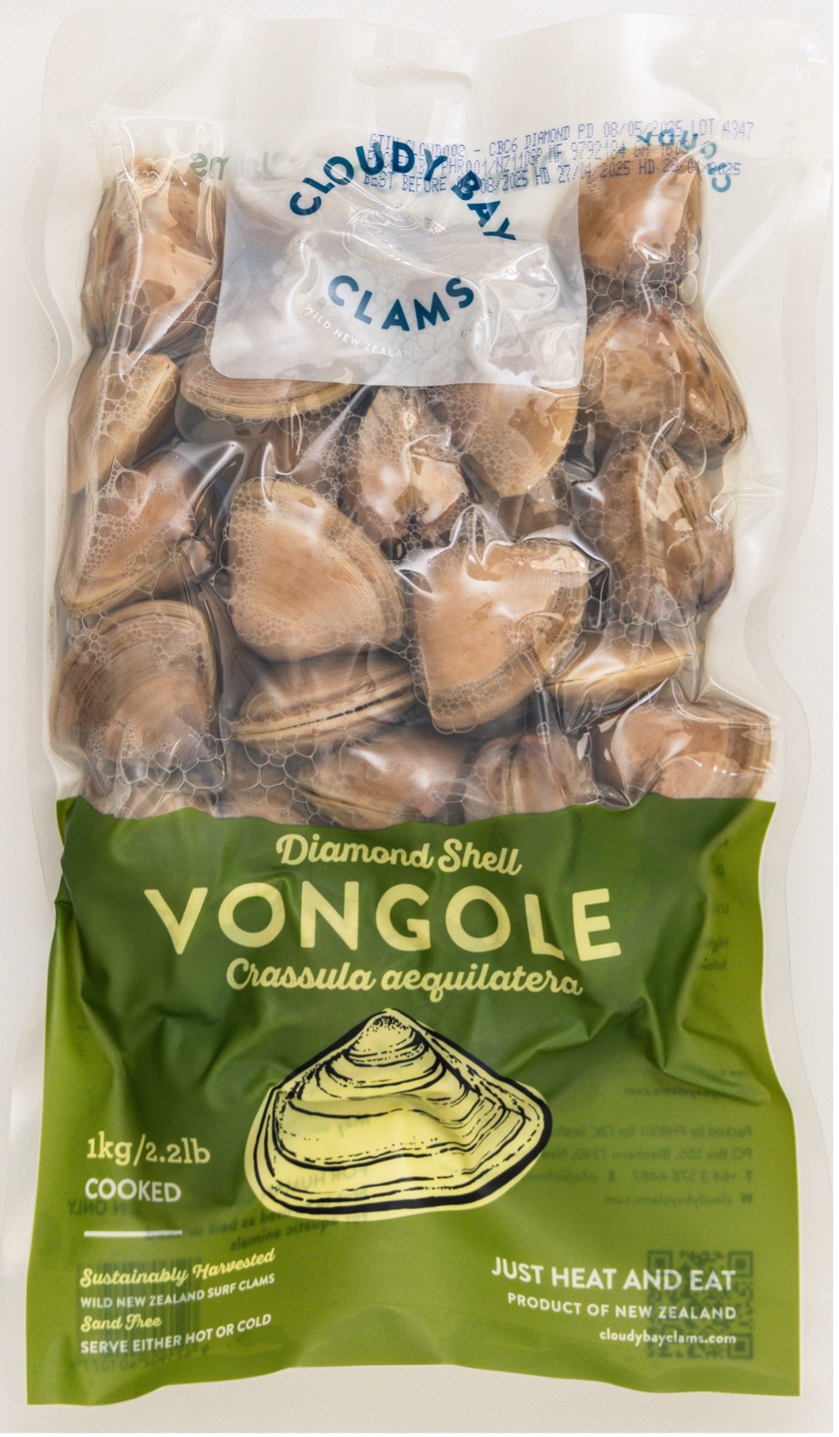 Blanched Diamond Shell Vongole 1kg retail pack, whole pack shown on white