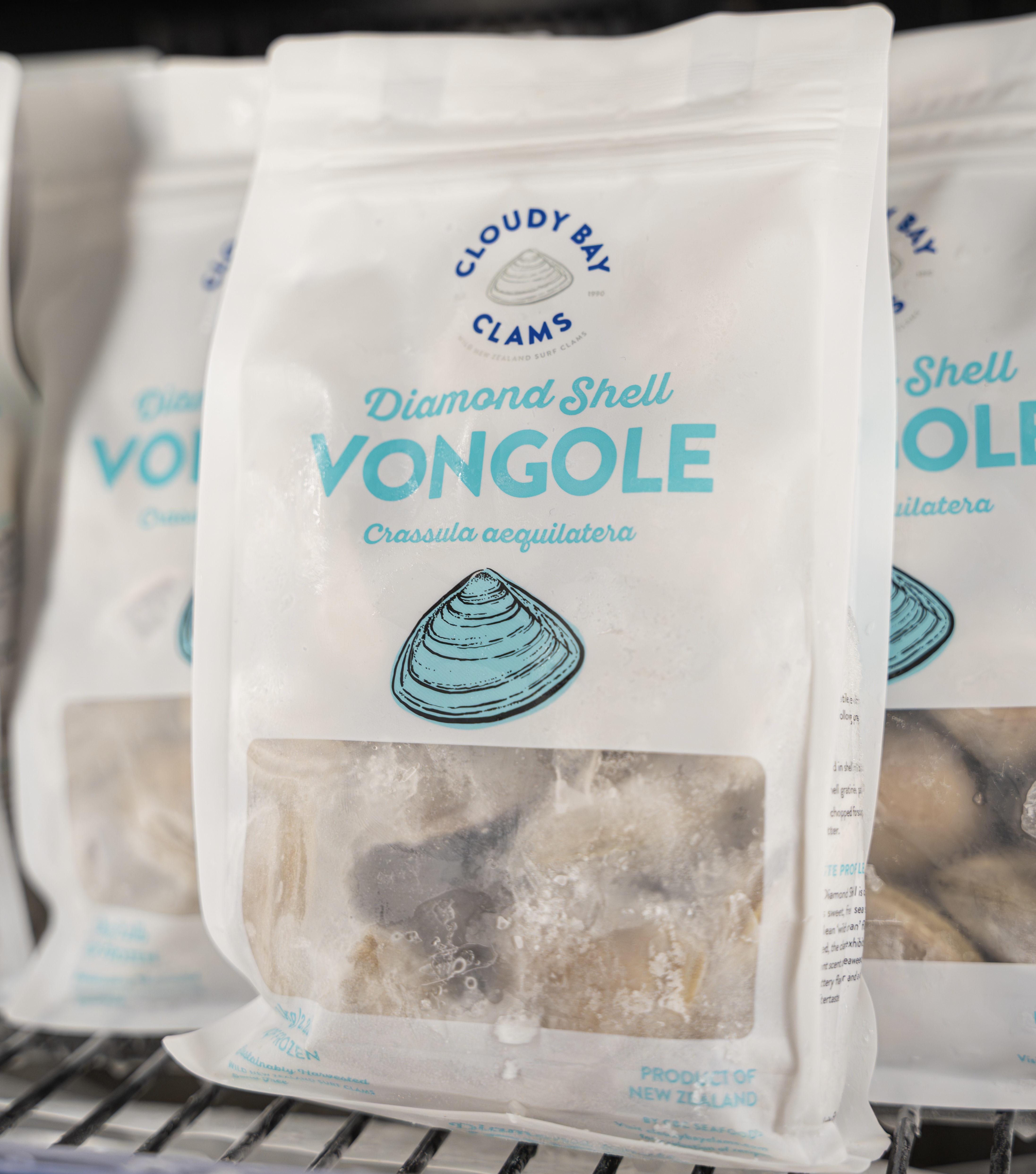 Cloudy Bay Clams Diamond Shell frozen 1kg pack on freezer shelf
